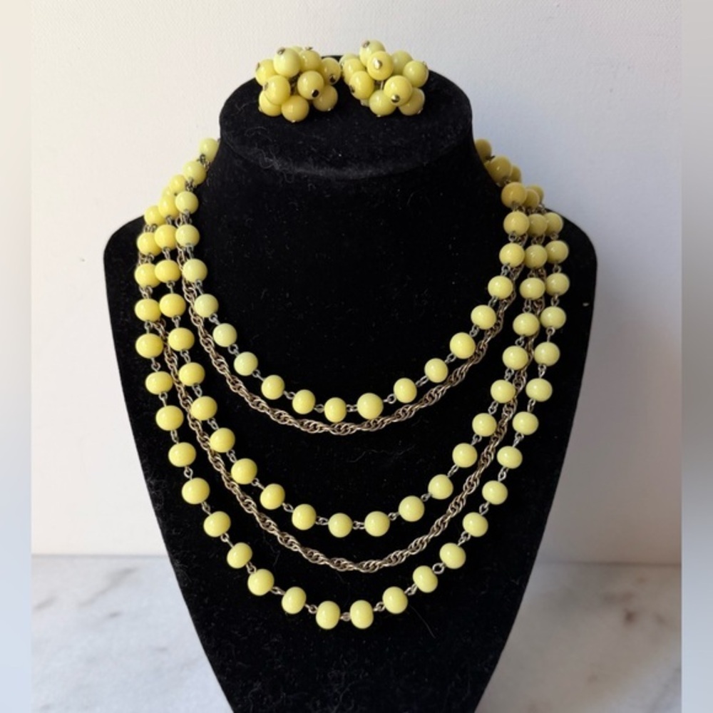 Vintage Kramer Yellow Beaded Multi-Strand Necklace and clip on earrings